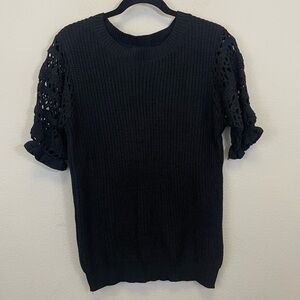 NWT BiBi Black Crochet Sleeves Cotton Blend Crewneck‎ Ribbed Sweater Size XL